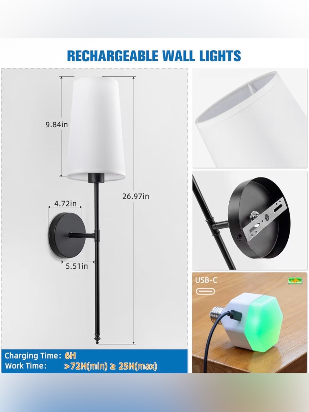 BATTERY OPERATED WIRELESS WALL SCONCE SET OF 2 ๐กโจ BLACK - Picture 5 of 14